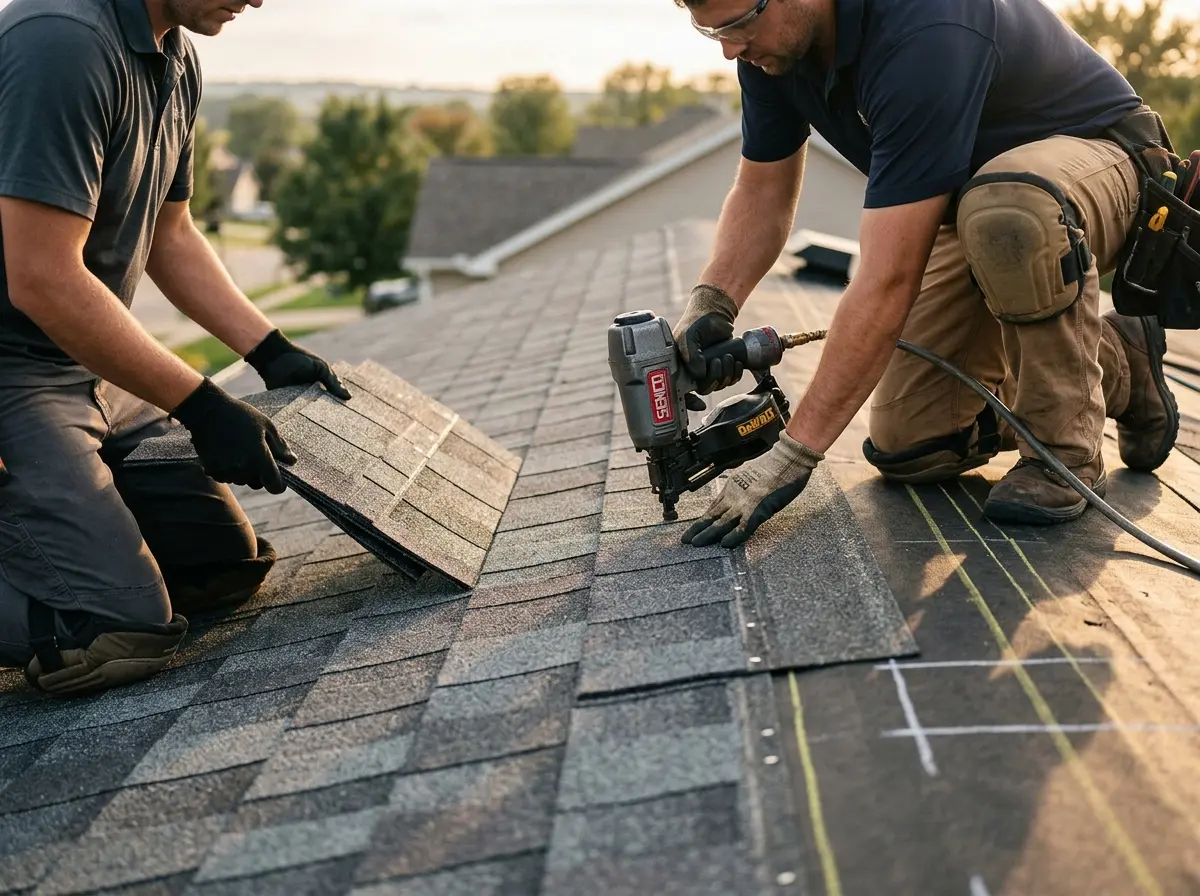 Professional roofer working on a residential roof in Ensley